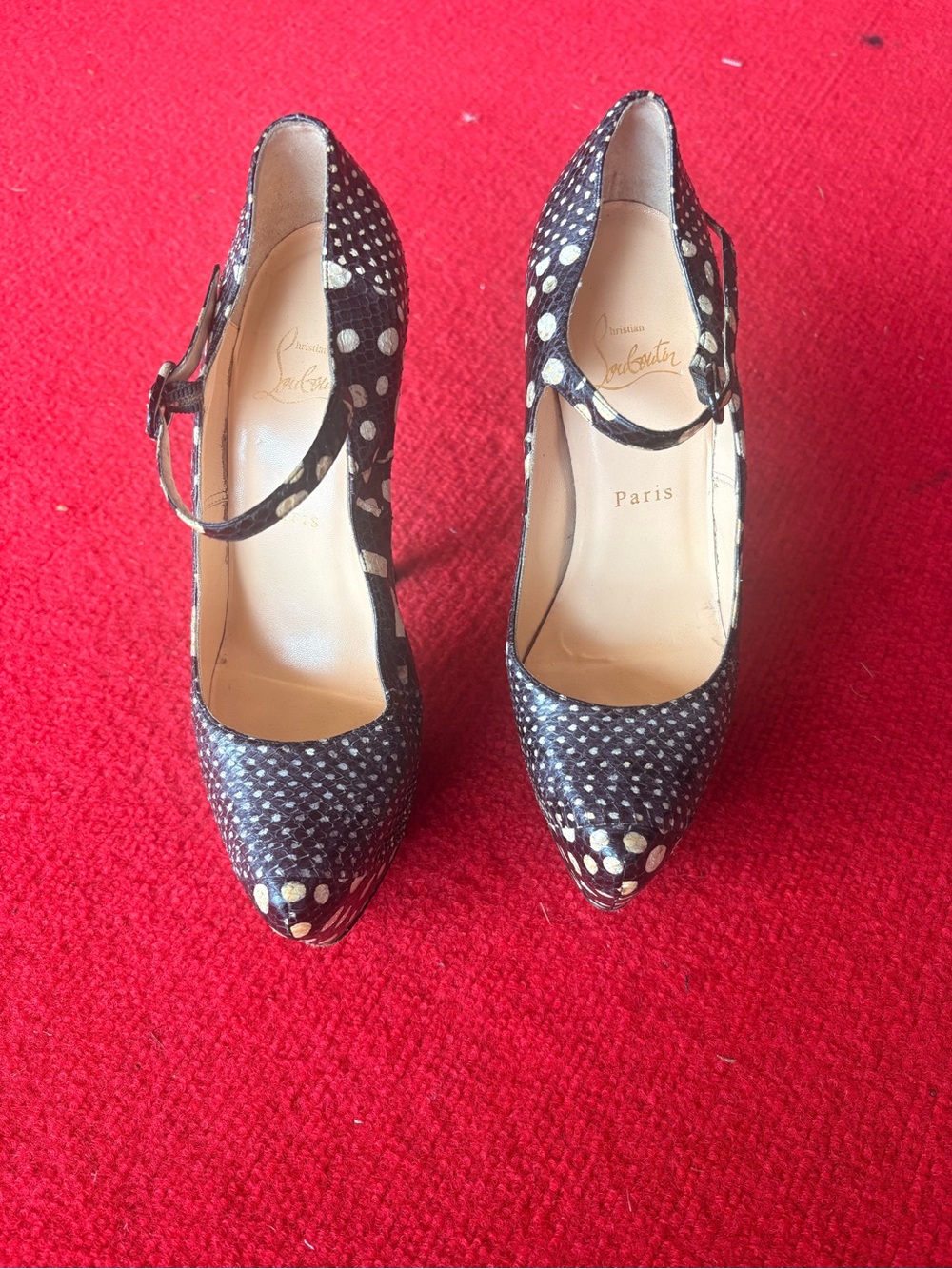 Christian Louboutin Black and Ivory Polka Dot Mary Jane Pumps